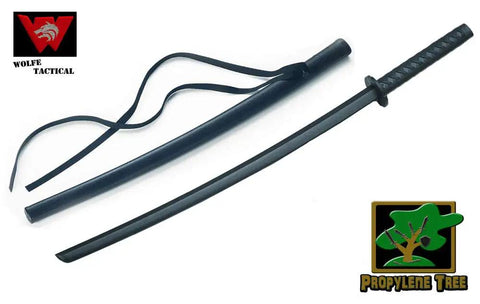 Polypropylene Katana Trainer With False Woodgrain Texture And Lightweight Sheath for safe practice, 39.4 inch overall length.