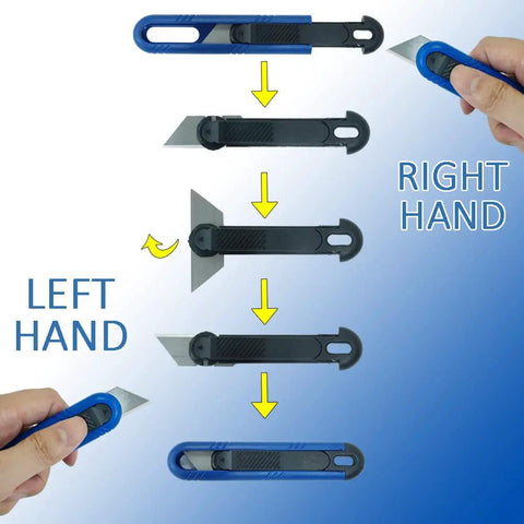 DIY Cable Stripping Kit For Electronics And Auto Repair, safety retractable knife demonstrating left and right hand use.