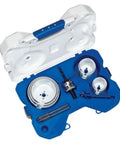 Open case with One Tooth Rough Wood Hole Cutter Kit With High Speed Steel Teeth, showing 7 piece set including hole saws and arbor.