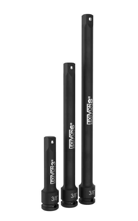 Impact Driver Extension Bar Set Three Eighths Inch Drive Three Piece Long Bars In 3 6 And 8 Inches Organized In A Tray Hardened And Heat Treated Chrome Vanadium Steel