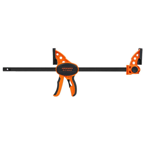Jorgensen 12-inch ratchet bar clamp with orange/black body and one-handed trigger, E-Z Hold expandable spreader