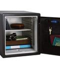 Black Fireproof Safe With Digital Push Button Keypad For Home Use Keep Cash And Documents Safe From Fire 1.23 Cubic Feet UL Classified Customizable Combination open showing interior compartments with documents and valuables