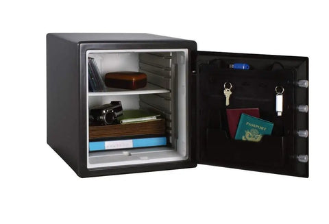 Black Fireproof Safe With Digital Push Button Keypad For Home Use Keep Cash And Documents Safe From Fire 1.23 Cubic Feet UL Classified Customizable Combination open showing interior compartments with documents and valuables