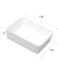 Rectangular Vessel Sink For Above Counter Mount Modern Porcelain Ceramic Lavatory Vanity Basin Durable Stain Resistant White Finish Sleek Bathroom Upgrade With Easy Cleaning And Contemporary Look, shown from top angle with measurements