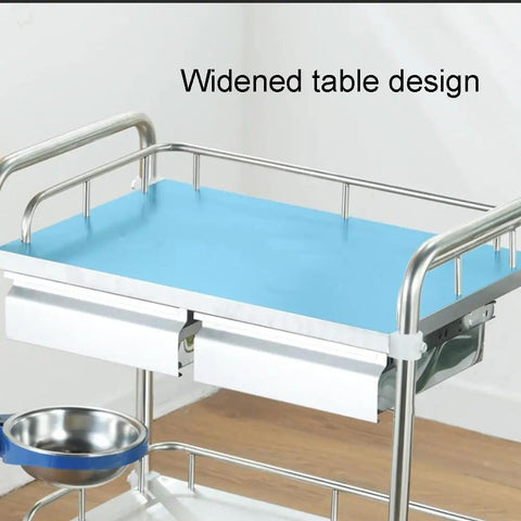 Stainless Steel Medical Trolley With Drawer, 3 Tier Lab Cart For Hospital, blue widened table, stainless steel build