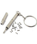Super Slick Micro Screw Kit For Eyeglasses And Watches With Tiny Precision Drivers And Portable Keychain Clip To Quick Fix Your Daily Carry Gear On The Fly, containing screws and driver.