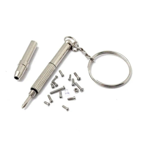 Super Slick Micro Screw Kit For Eyeglasses And Watches With Tiny Precision Drivers And Portable Keychain Clip To Quick Fix Your Daily Carry Gear On The Fly, containing screws and driver.