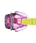 Sick Anti Fog Swim Goggles For Kids Boasting A Dope Bright Pink Frame Plus Knockout Leak Proof Seals And UV Blockers designed for youth with a yellow strap.