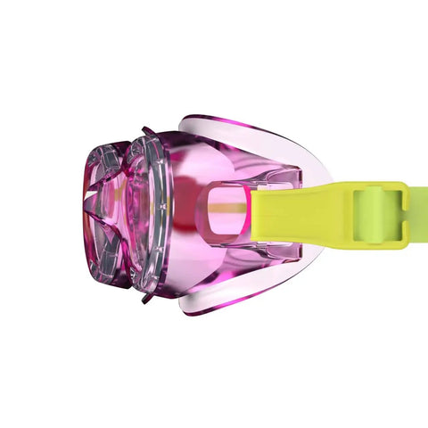 Sick Anti Fog Swim Goggles For Kids Boasting A Dope Bright Pink Frame Plus Knockout Leak Proof Seals And UV Blockers designed for youth with a yellow strap.