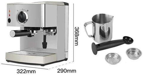 Compact 15 Bar Espresso Machine For Home Use With 920W Power, shown with milk frother steam wand and accessories.