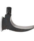 Close-up of high manganese steel scythe head for yard work, multifunction gardening tool with double sickle head