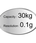Industrial counting scale label showing 30 kg capacity and 0.1 g precision.
