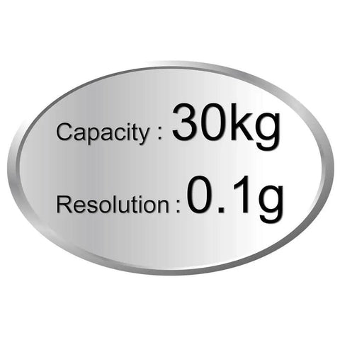Industrial counting scale label showing 30 kg capacity and 0.1 g precision.