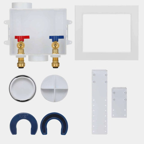 Washing Machine Outlet Box With Center Drain Push To Connect Inlet One Half Inch And Outlet Three Quarter Inch NH Brass Ball Valves