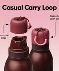 FreeSip Twist Insulated Stainless Steel Water Bottle With Straw For Sports And Travel No Brainer Double Wall Keeps Drinks Cold Or Hot For Hours Leak Proof Twist Top With Carry Loop BPA Free 24 Oz Black Cherry showing twist-off cap and carry loop
