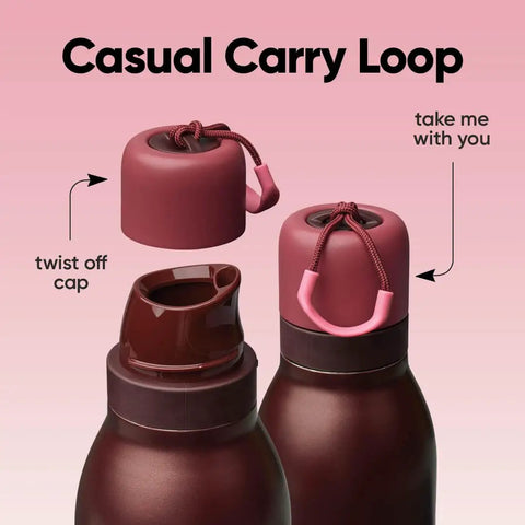 FreeSip Twist Insulated Stainless Steel Water Bottle With Straw For Sports And Travel No Brainer Double Wall Keeps Drinks Cold Or Hot For Hours Leak Proof Twist Top With Carry Loop BPA Free 24 Oz Black Cherry showing twist-off cap and carry loop