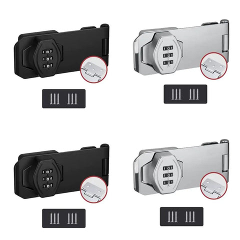Rugged Three Digit Cabinet Lock With Mechanical Dial Cam shown in black and silver, includes screws for installation.