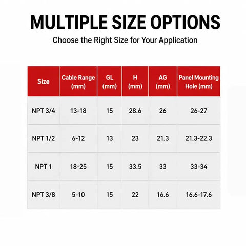 Size chart for Heavy Duty Nylon Cable Glands With Tough As Nails Ip68 Sealing And Grip Tight Adjustable Strain Relief Cord Locks.