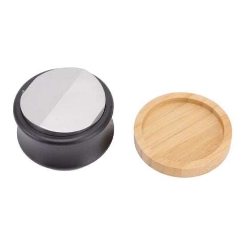 Dual Head Espresso Coffee Distributor And Adjustable Tamper With Bamboo Base showing metal tamper and bamboo base side by side.