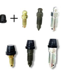 18 Piece Black Brake Dust Cover Kit Rubber Dust Stem Caps Grease Fitting Caps Brake Caliper Bleeder Caps Bleeder Screw Caps Rubber Dust Covers For Cars SUVs Trucks And Motorcycles shown with bleeder screws and caps on white background