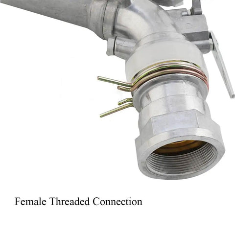 Female threaded connection on heavy duty 1 inch aluminum water sprayer gun with 30 to 40 meter coverage, built tough for crops and pasture irrigation.