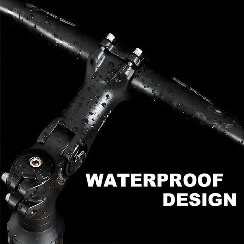 Close-up of Adjustable MTB Stem for 25.4mm to 31.8mm Bars and 28.6mm Steerer, 60 Degree Aluminum Riser Stem with water droplets