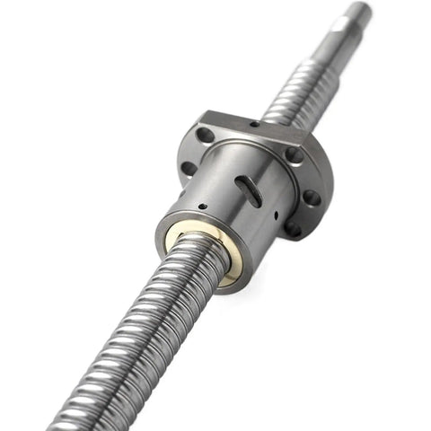 Close-up of Beefy Heavy Duty Left-Hand Thread Ball Screw With Nut SFU2505 25mm Diameter 5mm Pitch Machined Ends for industrial use.