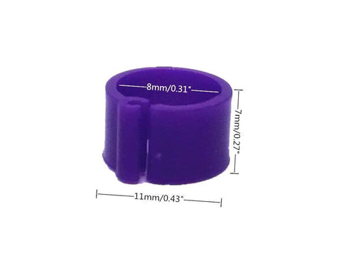 Purple clip-on ring from 200 Pack Colorful 8mm Clip On Leg Rings For Pigeons Doves Chickens Quails Lovebirds Finches And Small Poultry Reusable Easy On Off To Separate Breeds Mark Suspected Cockerels And Hatch Groups showing dimensions.