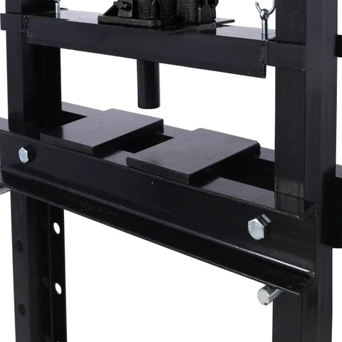 Close-up of Beefy 12 Ton Hydraulic Shop Press With Floor Mount H Frame Adjustable Table Height And Press Plates
