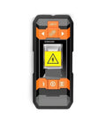 Handheld Wall Scanner And Deep Scan Metal Stud Finder With Automatic Calibration, top view showing controls and live wire warning.