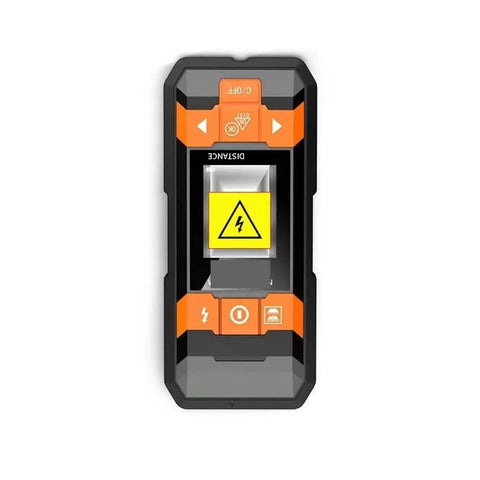 Handheld Wall Scanner And Deep Scan Metal Stud Finder With Automatic Calibration, top view showing controls and live wire warning.