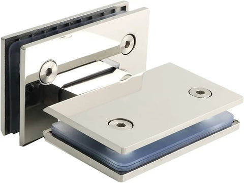 Rock Solid Heavy Duty Glass Shower Door Hinges, 2 Pack 180 Degree Pivot Clamps For 8 To 12 mm Frameless Glass, Smooth metal hinge detail.