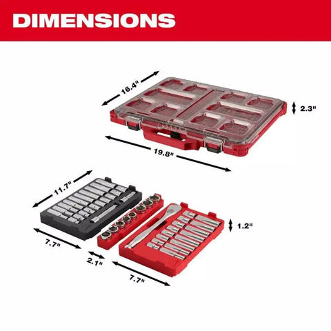 Dimensions of 47 Piece Ratchet And Socket Set With Low Profile Organizer Half Inch Drive, 90-Tooth Ratchet With 4 Degree Swing