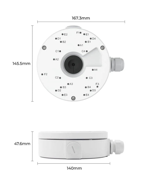 D20 Junction Box For Dome Cameras Waterproof Weatherproof Aluminum Outdoor Mounting Housing Built Tough shown with dimensions