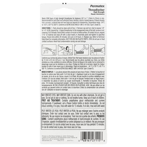 Back view of Red High Strength Threadlocker Gel 10 G OEM Spec Heavy Duty Locking Gel For 3/8 To 1 Inch Fasteners packaging