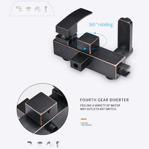 UMJIGF Shower System with Hot and Cold Water Black Shower Faucet Set Multifunction component showing 360° rotating diverter.