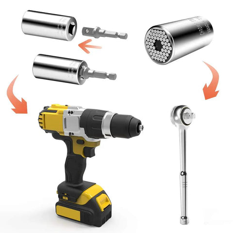 Self Adjusting Universal Socket Fits 7/16 Inch To 1-1/4 Inch And 11mm To 32mm with wrench, drill adapter, and power drill