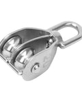 Close-up of Two Pack Double Pulley Block Heavy Duty Lifting Sheave With Steel Wire Rope Hook, stainless steel design.