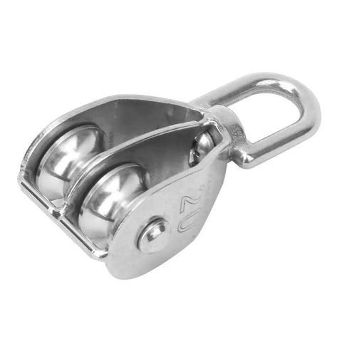 Close-up of Two Pack Double Pulley Block Heavy Duty Lifting Sheave With Steel Wire Rope Hook, stainless steel design.