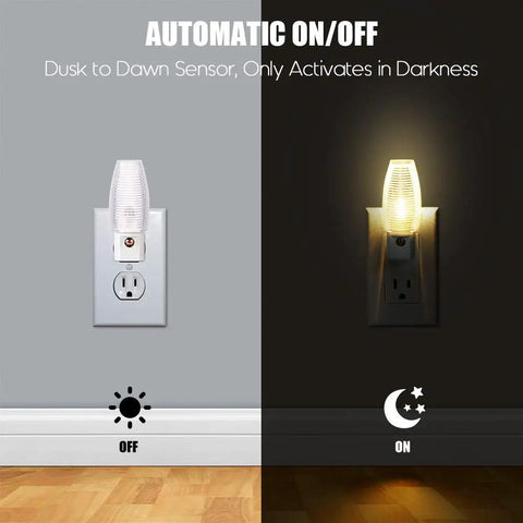 8 Pack Plug In Kid Friendly Night Light With Dusk To Dawn Sensor 2700K Warm White LED Nightlight For Kids Nursery Bedroom Bathroom Hallway Stairs And Kitchen Energy Efficient No Bulb Replacement showing automatic on/off feature in use
