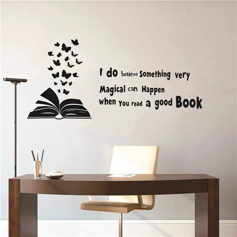 Reading Book Wall Decal Open Book With Butterflies And Inspiring Quote For Kids Study Room Bedroom Decor Black Vinyl Peel And Stick 60x28 Inches Perfect For Kids Room Nursery