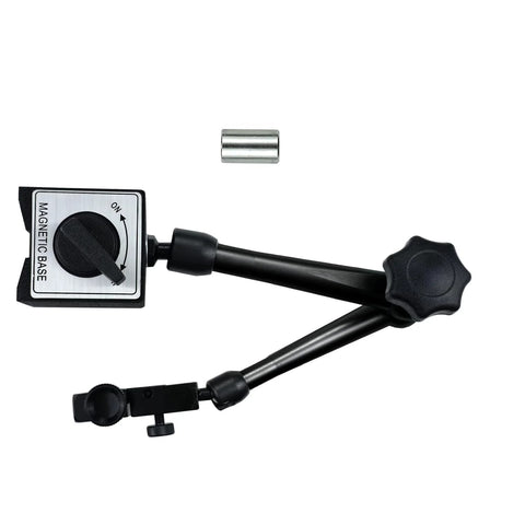 HDLNKAK magnetic base stand for dial indicator, black metal with dual adjustable arms and a small metal spacer