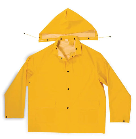 3 Piece Heavyweight PVC Rain Suit For Contractors, Detachable Hood, Yellow Jacket, X Large, Front View