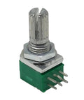 Close-up of Dual Linear Rotary Potentiometers With 15mm Shaft Sealed Case for Precise Volume and Tone Control RK097N B5K 6 pins