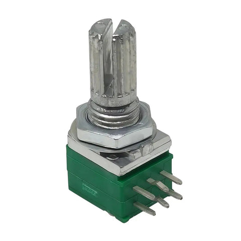 Close-up of Dual Linear Rotary Potentiometers With 15mm Shaft Sealed Case for Precise Volume and Tone Control RK097N B5K 6 pins