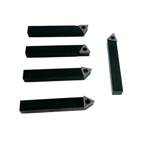 Rock Solid Set of Five 1/2 Inch Indexable Carbide Lathe Turning Tool Bits With Chip Breaker Inserts For Precision Metalworking And Heavy Duty DIY Projects Right Left Threading Plus Angled Styles, showing five lathe tool bits.