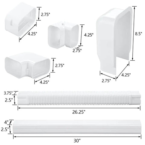 4 Inch Decorative PVC Line Cover Kit For Mini Split Air Conditioning And Heat Pump Systems, individual component dimensions