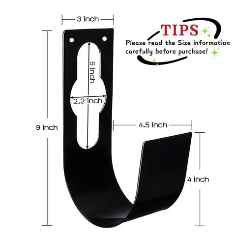 Heavy Duty Wall Mount Hose Holder for Garden Hoses with detailed dimensions, steel hanger reel with wide hooks, rustproof design