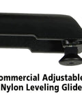 Close-up of commercial adjustable nylon leveling glide for 36 Inch Square Pub Table, 29 Inch High, Commercial Grade With Durable Black Granite Laminate Top, Sturdy Cast Iron Base, Leveling Glides, Made In The USA, Ideal For Dining And Bar Areas.
