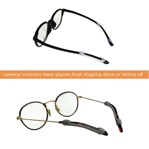 Silicone Eyeglasses Temple Tip Retainers 9 Pairs No Slip Elastic Comfort for spectacles and sunglasses, clear gray black.
